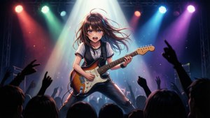 Anime-pige, der optræder med rockmusik på scenen.