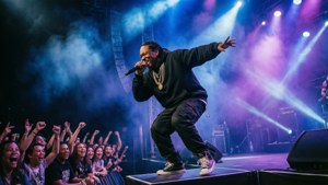Raekwon live på scenen med energisk opptreden og fargerike lys.