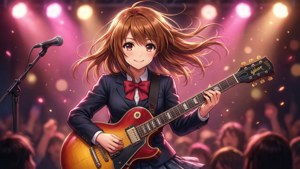 Yui Hirasawa tampil di atas panggung dengan gitarnya dalam suasana konser yang meriah.