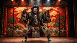 Gigadô Ashiyuki slår en dramatisk kabuki-pose på en rigt dekoreret scene.