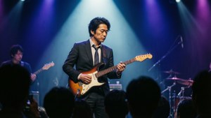Gaku Manabe tritt mit E-Gitarre unter Scheinwerfern auf der Bühne auf.