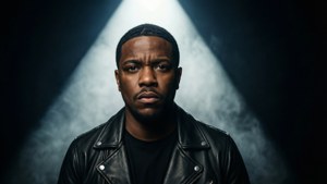 Lloyd Banks dalam sorotan panggung dramatis dengan tatapan intens.