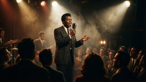 Live konsertscene med spotlights og vintage mikrofon.