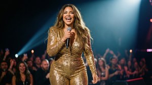 Ashley Graham opptrer i en gull jumpsuit på scenen