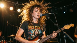 Nainen soittaa kitaraa lavalla, intohimoinen ja energinen livekonserttitilanteessa.