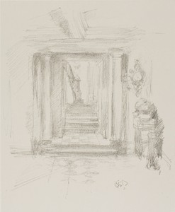 Staircase by James McNeill Whistler, created 1891, in Transfer lithograph in black on grayish white chine, laid down on ivory plate paper. Download this artwork — Illustration Background