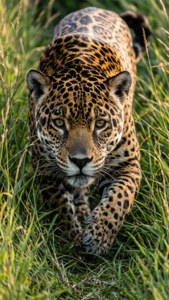Un jaguar traquant sa proie dans les hautes herbes.