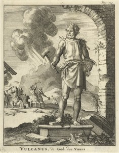 Standbeeld van Vulcanus by Jan Luyken, created 1686, in paper; etching. Download this artwork as a high-resolution wallpaper for desktop, tablet, or mobile. — Jan Luyken Wallpaper