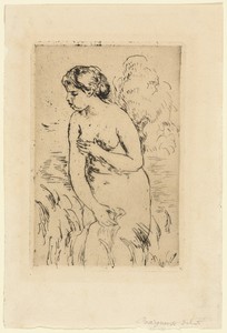 Standing Bather by Pierre-Auguste Renoir, created c. 1910, in Etching on cream wove paper. Download this artwork as a high-resolution wallpaper for desktop, tab — Art Background