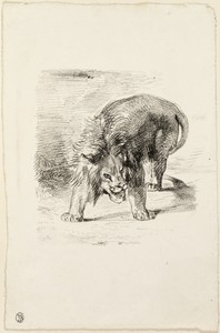 Standing Lion by Eugène Delacroix, created 1833, in Lithograph in black on white wove paper. Download this artwork as a high-resolution wallpaper for desktop, t — Illustration Background