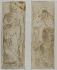 Standing Prophet or Apostle by Pellegrino Tibaldi, created 1545/50, in Black chalk, with brush and brown wash, on ivory laid paper, tipped on to ivory wove pape