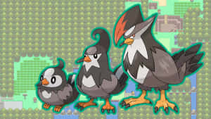 Trois Pokémon oiseaux en rangée sur une carte de forêt pixélisée. — Starcraft Fonds d'écran
