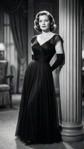 En klassisk svartvit starletpose av Nancy Marchand mot en pelare, elegant och tidlös.