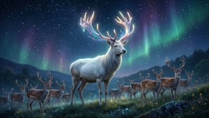 Een gloeiend wit hert en kudde onder aurora-verlichte geweien, een serene fantasiescène.