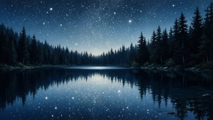 Danau alpen yang tenang di malam hari memantulkan bintang-bintang dalam gaya minimalis bergaya lukis.