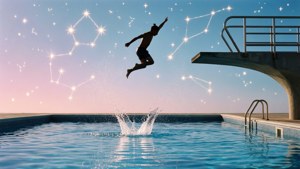 Siluet melompat ke kolam bintang dengan percikan rasi bintang