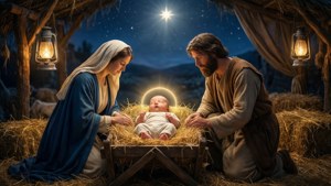 Eine realistische nächtliche Krippenszene mit Maria, Josef und dem Jesuskind unter einem hellen Stern