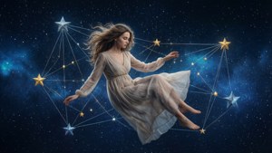 Lucy fluttua nello spazio, vettori che si collegano alle stelle.