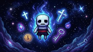 Isaac kelluu tähtitäytteisessä tyhjiössä, ja hänen ympärillään on hehkuvia esineitä unenomaisessa Binding of Isaac -taustakuvassa