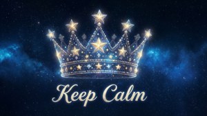 Mahkota bercahaya berhiaskan bintang di angkasa dengan teks 'Keep Calm'.