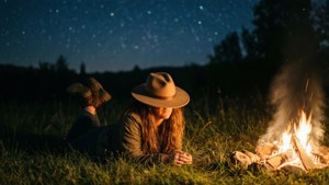 Milly lying on grass under stars, hat over face, campfire glow. — Milly Thompson Picture