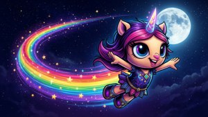 Unikitty flyver gennem en stjerneklar himmel med en regnbuesti.