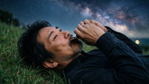 Matt Ishida tocando gaita sob uma noite estrelada, sereno e sonhador.
