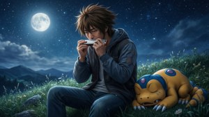 Young man playing harmonica beside sleeping creature under full moon