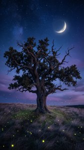 Paisagem noturna com carvalho e lua crescente em estilo surreal brilhante