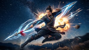 A warrior leaps through space wielding a glowing spear amid fiery explosions and cosmic energy. — Dan Heng Wallpaper