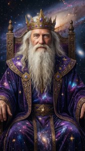 Fantasy-Porträt-Hintergrundbild des alten Königs David auf einem Sternenthron mit Galaxie-Hintergrund