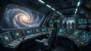 Sfondo fantascientifico di un ponte di nave spaziale con mappe olografiche e vista di una galassia a spirale