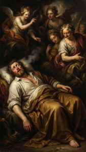 Un papier peint dramatique de Jan de Lairesse montrant un homme endormi réveillé par des figures allégoriques