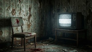 Et forfaldent rum i Silent Hill med et statisk fyldt tv og afskallende vægge