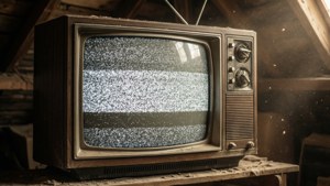 Wallpaper vintage dari TV tua yang berkedip statis di loteng berdebu.