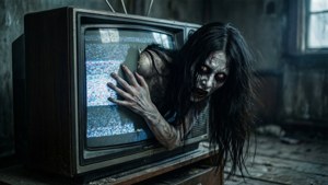 En yurei kravler ud af et gammelt tv, statisk og skygger fylder rummet.