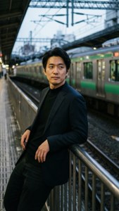 A man in a black suit leans on a station railing as a train passes by at dusk. — Ocean Waves Background