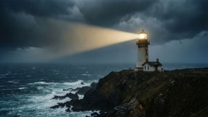 Un raggio di faro che squarcia un cielo tempestoso, simbolo di integrità incrollabile.