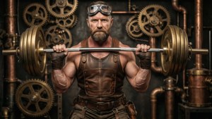 Levantador de peso em estilo steampunk com barra de latão em uma academia cheia de engrenagens