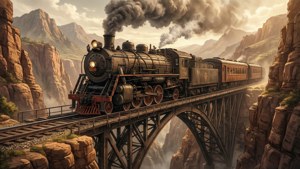 Nostalgische anime stoomtrein die een kloofbrug oversteekt