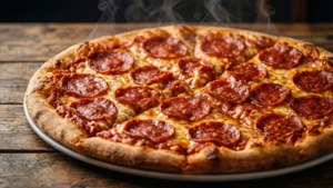Suussa sulava lähikuva Papa Johnsin pepperonipizzasta, josta nousee höyryä.