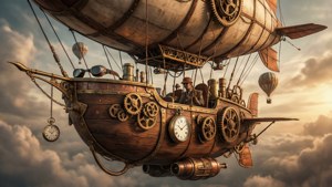 Ambiance steampunk aventureuse avec dirigeable et engrenages.