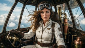 Angela Blanc en tant que pilote steampunk dans un dirigeable.