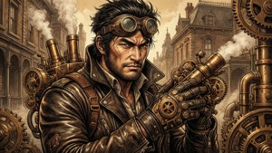 Benimaru in Steampunk-Ausrüstung mit einem mechanischen Handschuh
