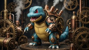 Blastoise återuppfunnen som en steampunk-maskin med kugghjul och ånga.