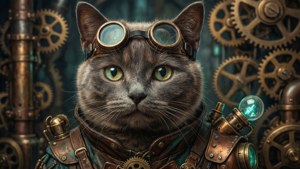 En steampunk-tematisk digital målning av en Chartreux-katt med kugghjul och glasögon.
