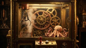 Een door steampunk geïnspireerde klauwmachine met ingewikkelde tandwielen en warme tinten.