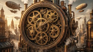 En steampunk-stadsinteriör med jätteväxlar och luftskepp i ultrabred