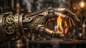 Een warme steampunk-achtergrond met een bronzen mechanische arm die een gloeiende sintel vastgrijpt