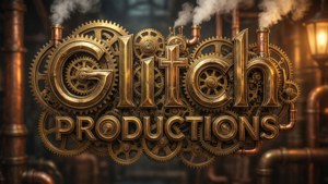 Glitch Productions logotyp gjord av mässingskugghjul och urverk i steampunk-stil